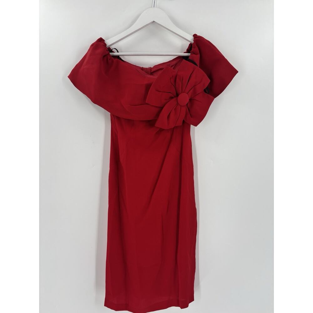 Topaz Vintage Dress Womens 4 Red Floral Applique Off Shoulder 80s Knee Length